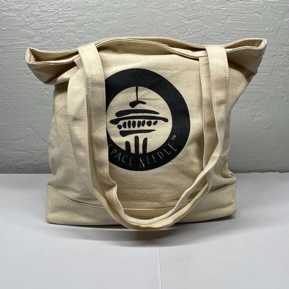 Seattle Space Needle Canvas Tote Bag Black Graphic Hook Loop Closure Cotton - Picture 1 of 9